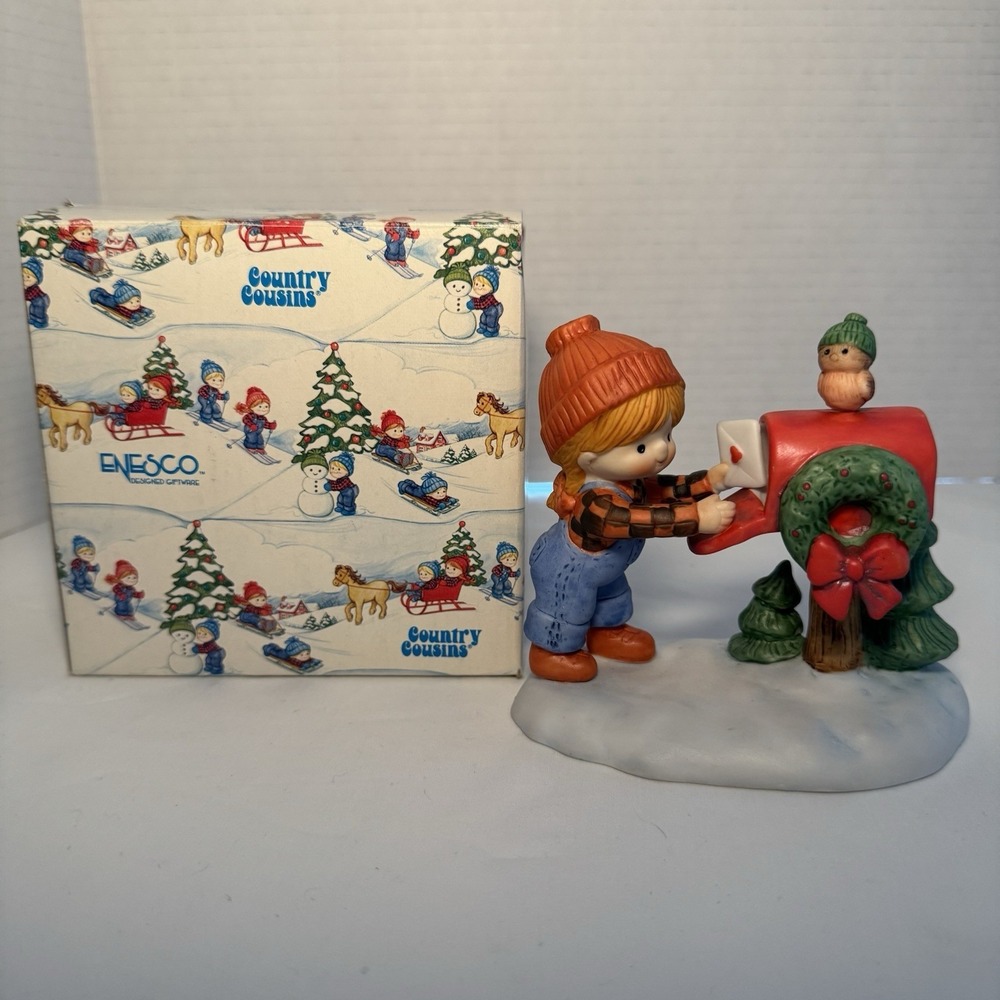 Enesco Country Cousins Katie Figurine 76767 "Happy Holidays" 1985 Girl Mailbox